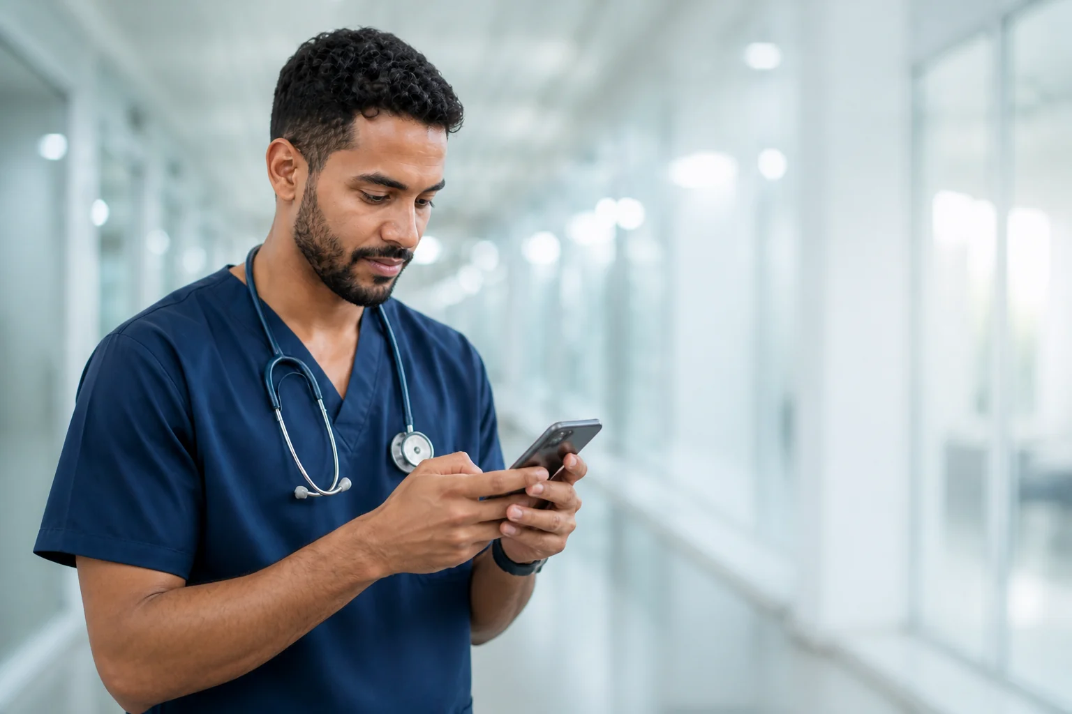 Médico plantonista consultando o Medsy em um corredor hospitalar